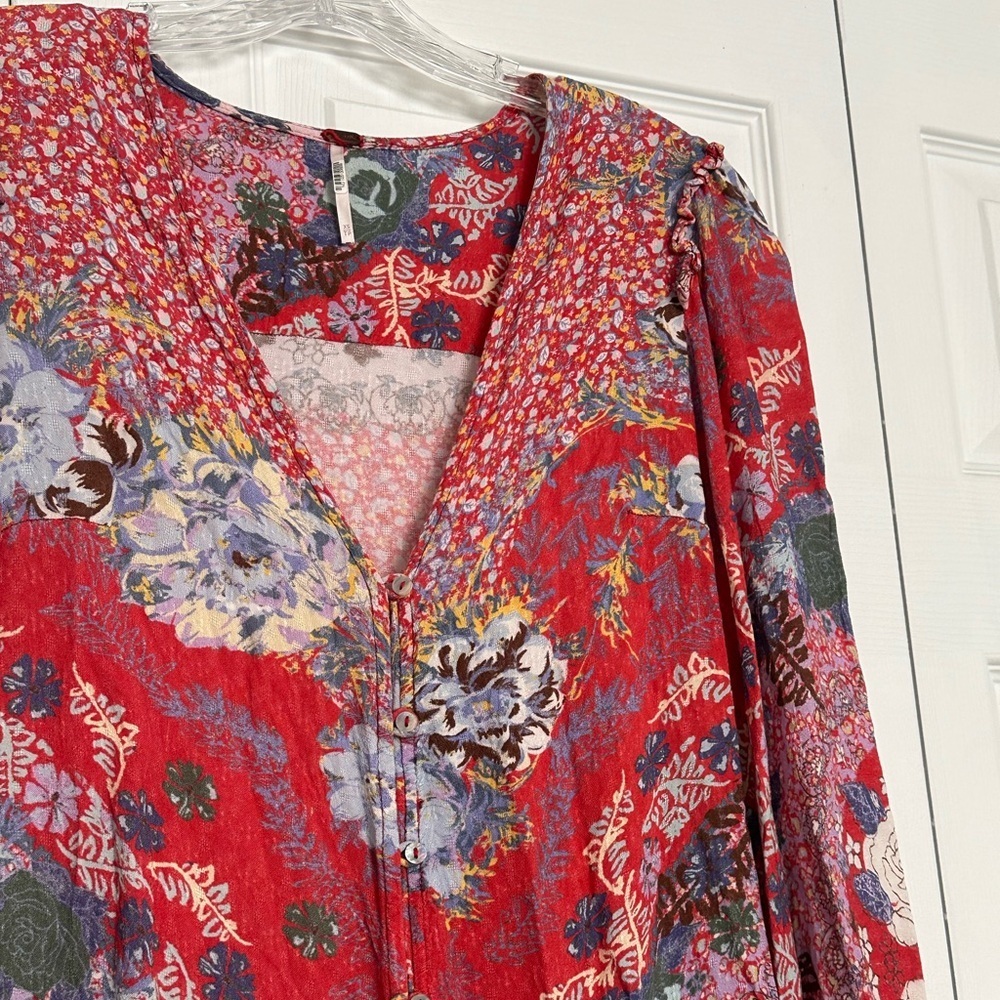 Free People Vibrant Red Floral Long Sleeve Dress - Picture 4 of 8